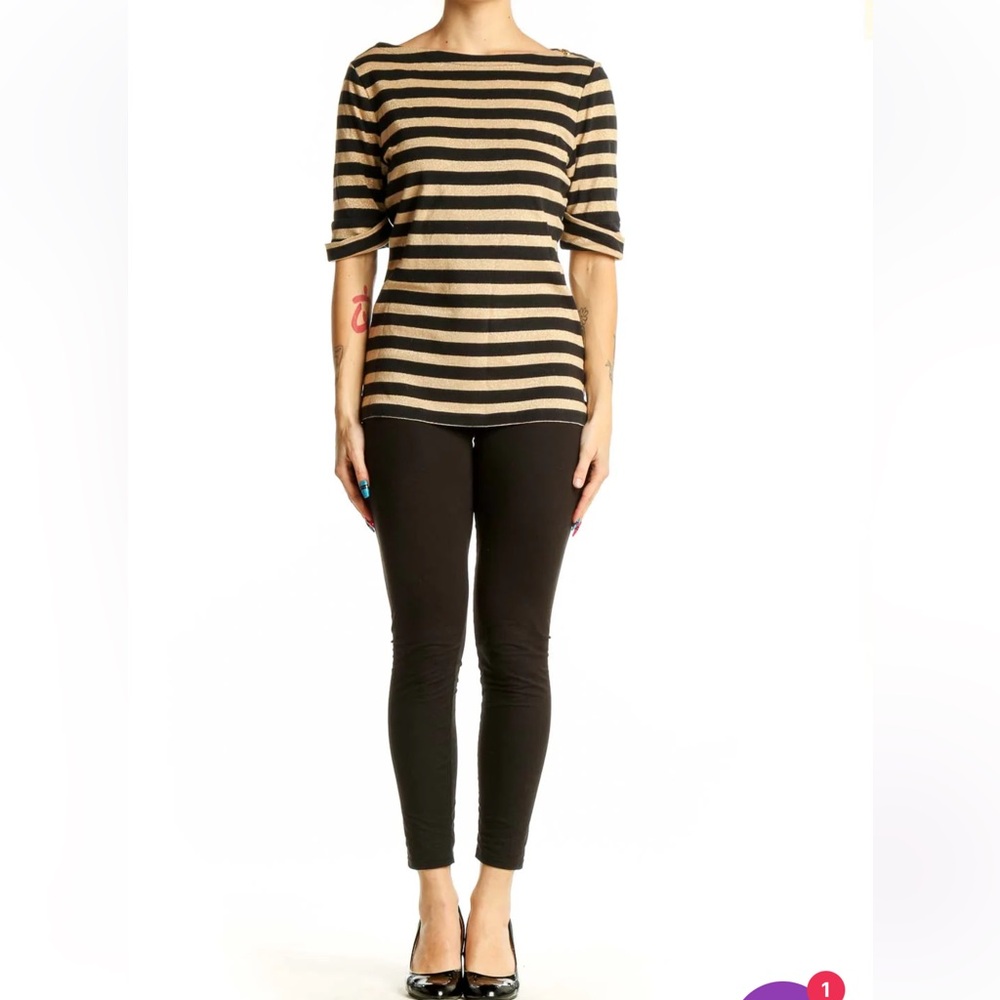 RALPH LAUREN Black and Gold Metallic Stripe Boatneck Short Sleeve Top - Picture 2 of 8